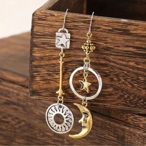 Tibetan Silver Bohemian Sun, Moon, & Stars Pentagram Asymmetrical Drop Earrings